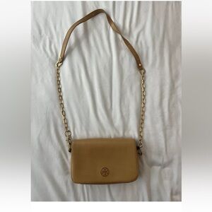 TORY BURCH Brown Leather Snap CHAIN ROBINSON Mini CROSSBODY CLUTCH BAG PURSE